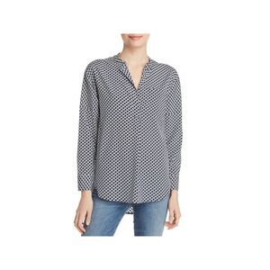 RELATIVE Womens Navy Silk Lightweight Curved Hem Split Button Up Top S